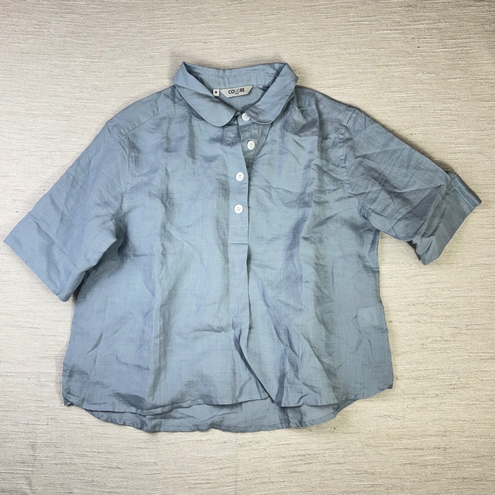 Coudre Femme Blue 100% Linen Peter Pan Collar Short Sleeve Henley Blouse M